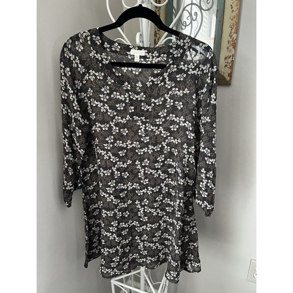 Garnet Hill Silk Dress Gray Floral  V Neck 3/4 Sleeves Size 4 Small Sheer Summer